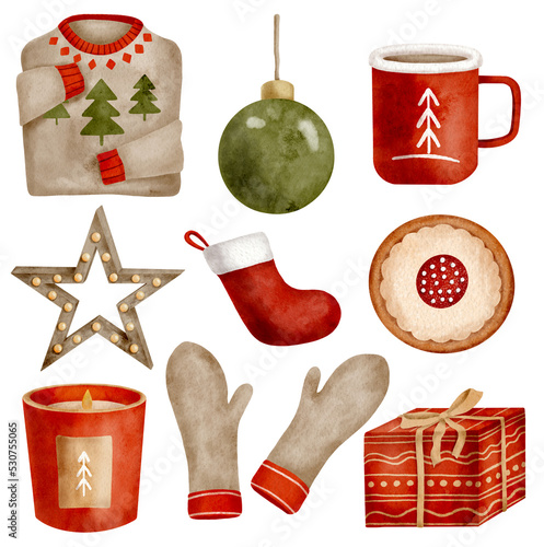 Watercolor Christmas cozy home set. Hand drawn gift box, candle, cookie, winter sweater with fir tree, cocoa mug, mittens, stocking, wood star isolated on white background. New Year holiday decor © Olya Haifisch