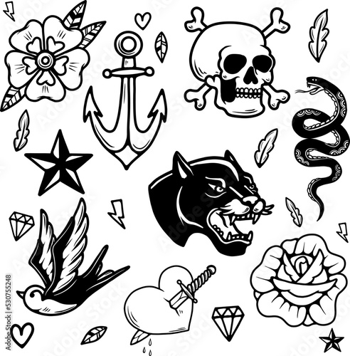 Set of tattoo design elements. Design element for poster, card, t shirt. Vector illustration