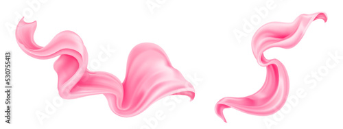 Silk flying cloth, pink satin ribbon, fabric or scarf, waving curtain, material in blowing wind. Luxury textile drapery, floating tissue isolated on white background, Realistic 3d vector illustration
