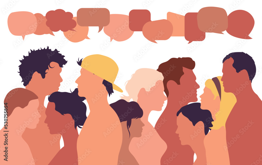 Group of people speaking. Multiracial social network. Vector cartoon coloured profile. Voices in a crowd. Crowd speaks. Multiracial and multicultural group speaking at the same time.