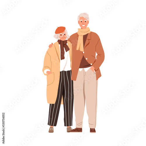 Senior love couple of elderly man and woman in modern fashion casual clothes. Old people, spouse portrait in trendy stylish fall apparel. Flat graphic vector illustration isolated on white background
