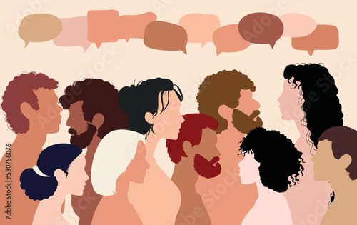 Several multiethnic groups communicate and share ideas. There is confusion and disorganization. Globalization and speech bubbles. It is a multicultural population with a lot of people talking.