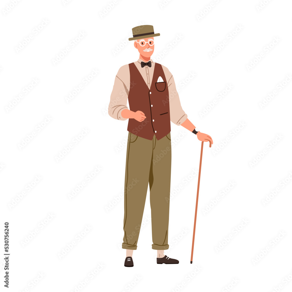 Senior man with cane, wearing elegant clothes and hat. Elderly gentleman in fashion apparel, vest and bow. Old aged noble person portrait. Flat graphic vector illustration isolated on white background Senior man with cane, wearing elegant clothes and hat. Elderly gentleman in fashion apparel, vest and bow. Old aged noble person portrait. Flat graphic vector illustration isolated on white background