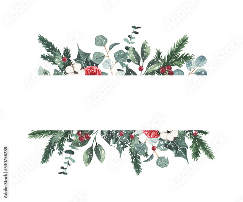 Watercolor christmas winter frame isolated on white background. Christmas floral greenery spruce wreath for greeting card illustration