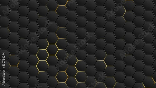 4k Abstract luxury black gradient background. Futuristic hexagon grid and gold line light stripes effects. Geometric sci-fi graphic motion animation. Seamless loop dark backdrop