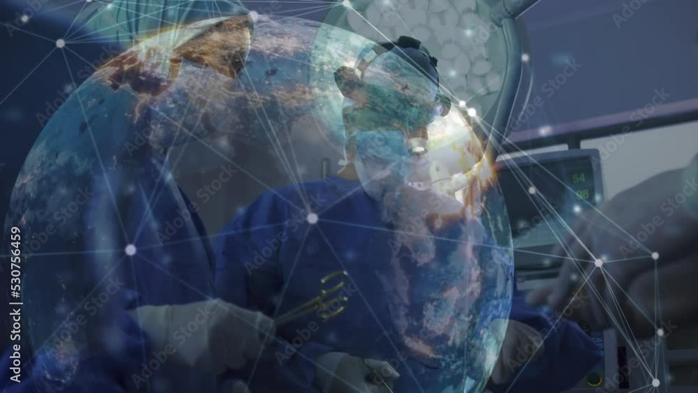 Animation of globe over diverse surgeons with face masks Animation of globe over diverse surgeons with face masks