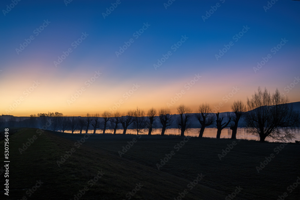 Silhouette trees along the Clutha river at sunset, Balclutha, South Otago.
