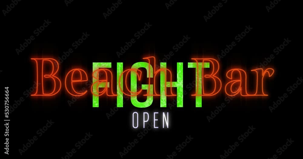 Animation of beach bar open text over fight text Animation of beach bar open text over fight text