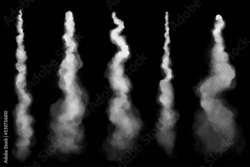 White smoke trail of jet, plane or rocket flight. Airplane contrails in air, spray of fog or steam flow from spaceship takeoff isolated on black background, vector realistic set
