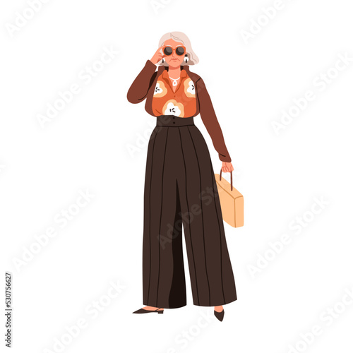Modern senior woman wearing trendy clothes, apparel. Elegant lady of old age in fashion outfit, accessories, sunglasses. Elderly female. Flat graphic vector illustration isolated on white background
