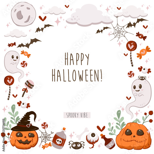 Halloween vector cartoon frame with cute characters, ghost, witch hat, bat, moon with pumpkin clouds with jack smile. Template for postcards, flyers, Halloween background.
