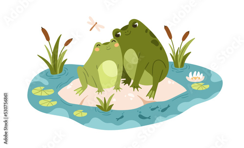 Cute happy frogs sitting in pond together. Love couple of smiling froggies in...