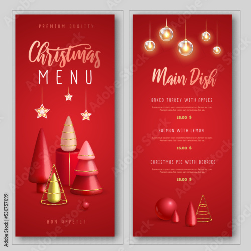 Christmas holiday restaurant menu design with realistic 3D plastic Christmas trees. Merry Christmas and Happy new Year greeting card. Vector illustration