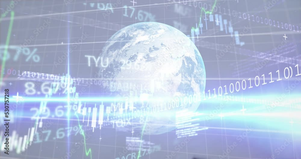 Animation of data processing over globe and banknotes Animation of data processing over globe and banknotes