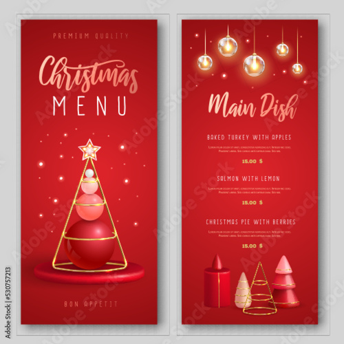 Christmas holiday restaurant menu design with realistic 3D plastic Christmas trees. Merry Christmas and Happy new Year greeting card. Vector illustration