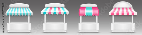 Market stall, candy, ice cream, cotton candy store buildings. Fair booth or kiosk with striped blue and pink awnings. Vendor counter for street trading, tents, Realistic 3d vector illustration, mockup
