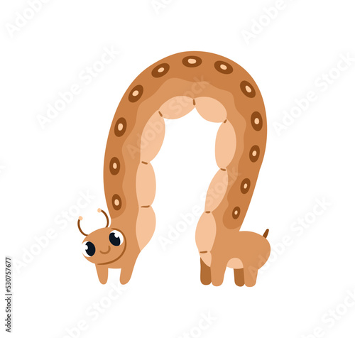 Cute happy caterpillar. Funny smiling bending insect looking with positive em...