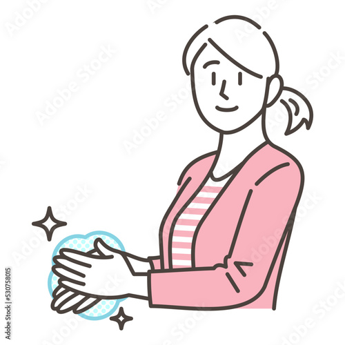 Young woman washing her hands to keep clean and prevent infection [Vector illustration].