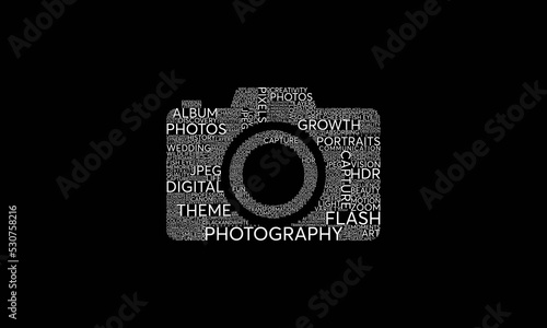 Camera or photography word cloud vector illustration l word art design l typography or word based camera shaped design