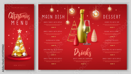 Christmas holiday restaurant menu design with realistic 3D plastic Christmas trees and champagne bottle. Vector illustration