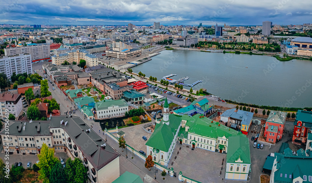 Old Tatar district. Traditional Tatar neighborhood on the shore of Lake Kaban in Kazan. A view of the Al-Marjani Mosque. Top view. 