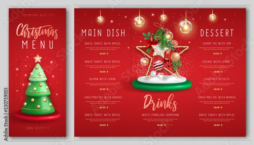 Christmas holiday restaurant menu design with realistic 3D plastic Christmas tree. Merry Christmas and Happy new Year greeting card. Vector illustration