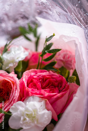 modern background with blured flowers and drops. Abstract flower bouquet background under water drops