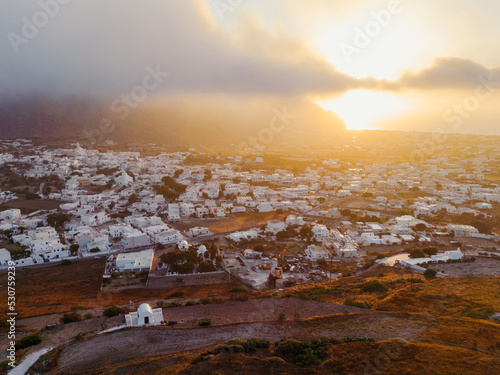 Rural Landscape in Emporio Village at Sunrise. Situated in the southern part of Santorini Island. Aerial View. Cyclades, Greece.