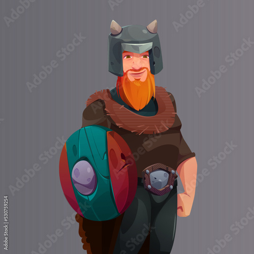 Schilderij op canvas Viking character, strong scandinavian man in helmet with wooden shield
