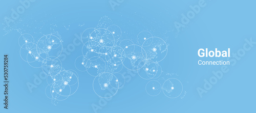 World map made up of tiny dots on blue background. Vector global connection for print, website, graphic design, cover, banner. Global connection business concept.