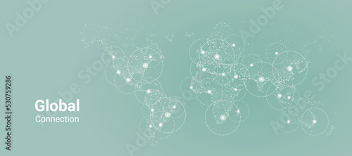 World map made up of tiny dots on green background. Vector global connection for print, website, graphic design, cover, banner. Global connection business concept.