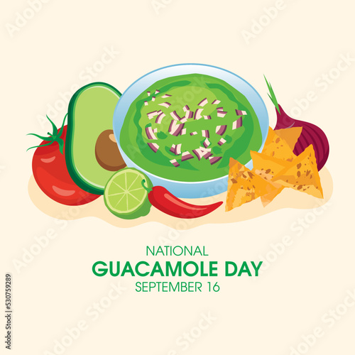 National Guacamole Day vector. Avocado guacamole salsa with tortilla chips vector. Traditional mexican sauce with corn nachos icon. September 16. Important day