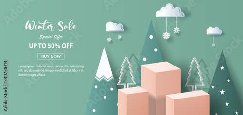 Winter sale product banner, 
podium platform with geometric shapes and snowflakes background, paper illustration, and 3d paper.