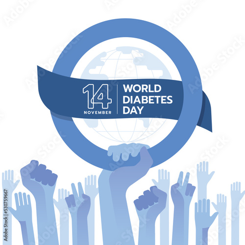 world diabetes day - hand hold blue circle symbol with banner text and globe sign and raising hands around vector design