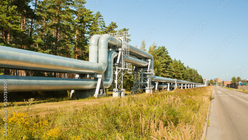 pipeline, in the photo pipeline close-up against the background of blue sky and forest pipeline, in the photo pipeline close-up against the background of blue sky and forest