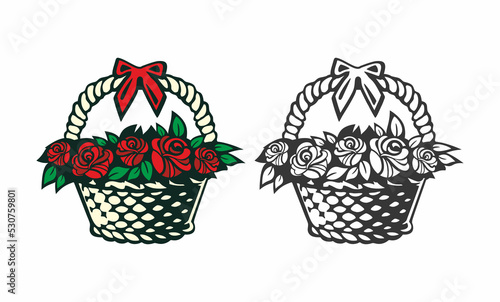 A basket of red roses. Flowers for her. Flower shop emblem
