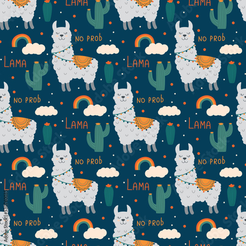 seamless pattern with cute funny lamas on deep blue background