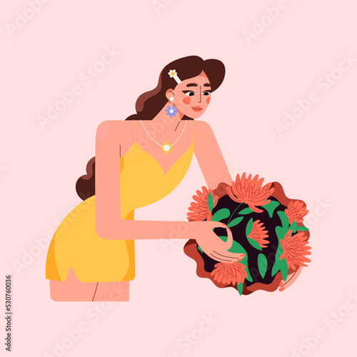 Woman florist arranging flowers and greenery in floral bunch. Young girl during DIY bouquet arrangement. Posy designing with fresh blooms. Flat graphic vector illustration isolated on white background