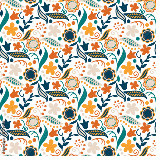 colorful folkloric seamless pattern with filigree flowers and plants vivid colors and stroke