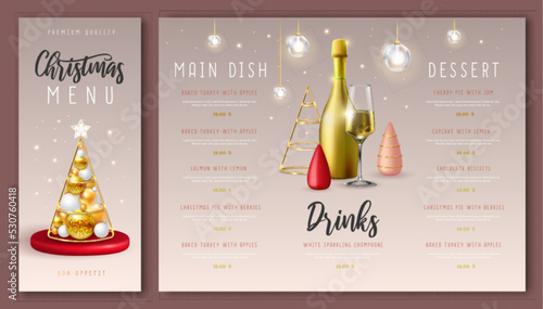 Christmas holiday restaurant menu design with realistic 3D plastic Christmas trees and champagne bottle. Vector illustration