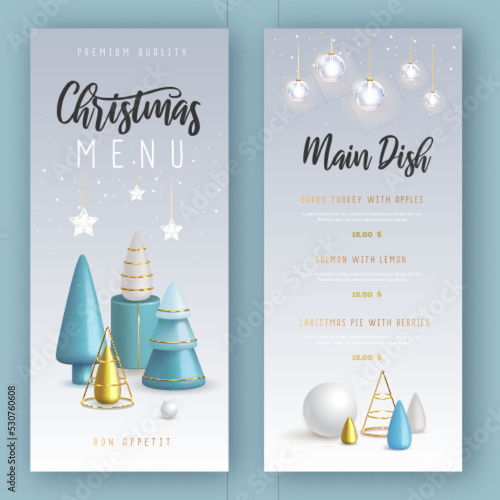 Christmas holiday restaurant menu design with realistic 3D plastic Christmas trees. Merry Christmas and Happy new Year greeting card. Vector illustration