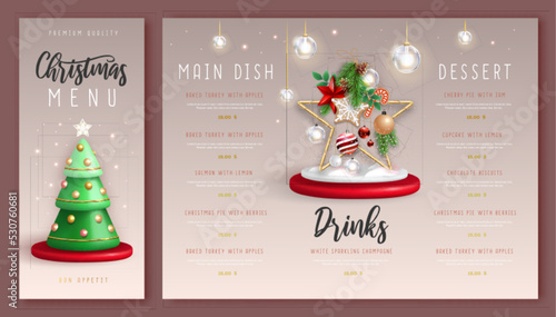 Christmas holiday restaurant menu design with realistic 3D plastic Christmas tree. Merry Christmas and Happy new Year greeting card. Vector illustration