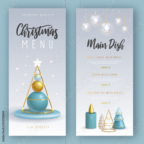 Christmas holiday restaurant menu design with realistic 3D plastic Christmas trees. Merry Christmas and Happy new Year greeting card. Vector illustration