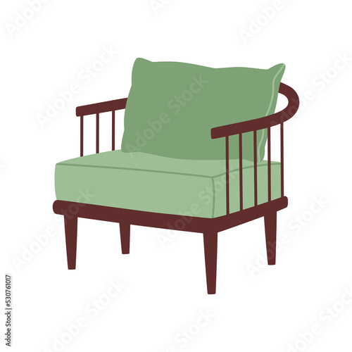 Green retro comfortable armchair in scandinavian style. Furniture element for cozy home interior. Hand drawn colored vector illustration isolated on white background. Modern flat cartoon style