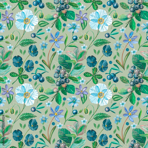 Watercolor floral seamless pattern for textile or packing at green background. Botanical illustrations with flowers  leaves and berries.