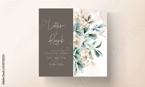 elegant wedding invitation card watercolor leaves with sage color