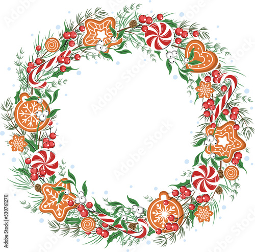 Christmas wreath. Green fir, twigsred and whites berries, cookies and sweets. Greeting card template for winter holidays.