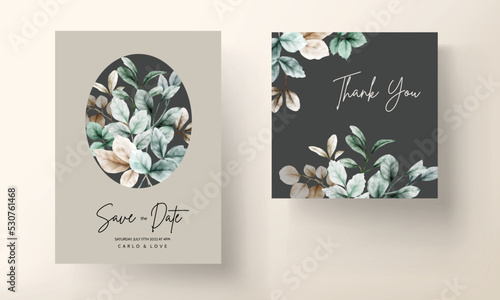elegant wedding invitation card watercolor leaves with sage color