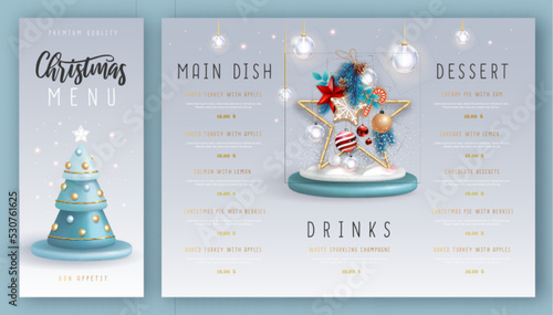 Christmas holiday restaurant menu design with realistic 3D plastic Christmas tree. Merry Christmas and Happy new Year greeting card. Vector illustration