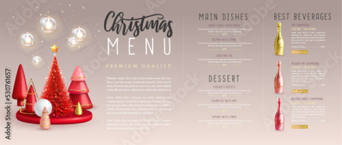 Christmas holiday restaurant menu design with realistic 3D plastic Christmas trees and champagne bottle. Vector illustration